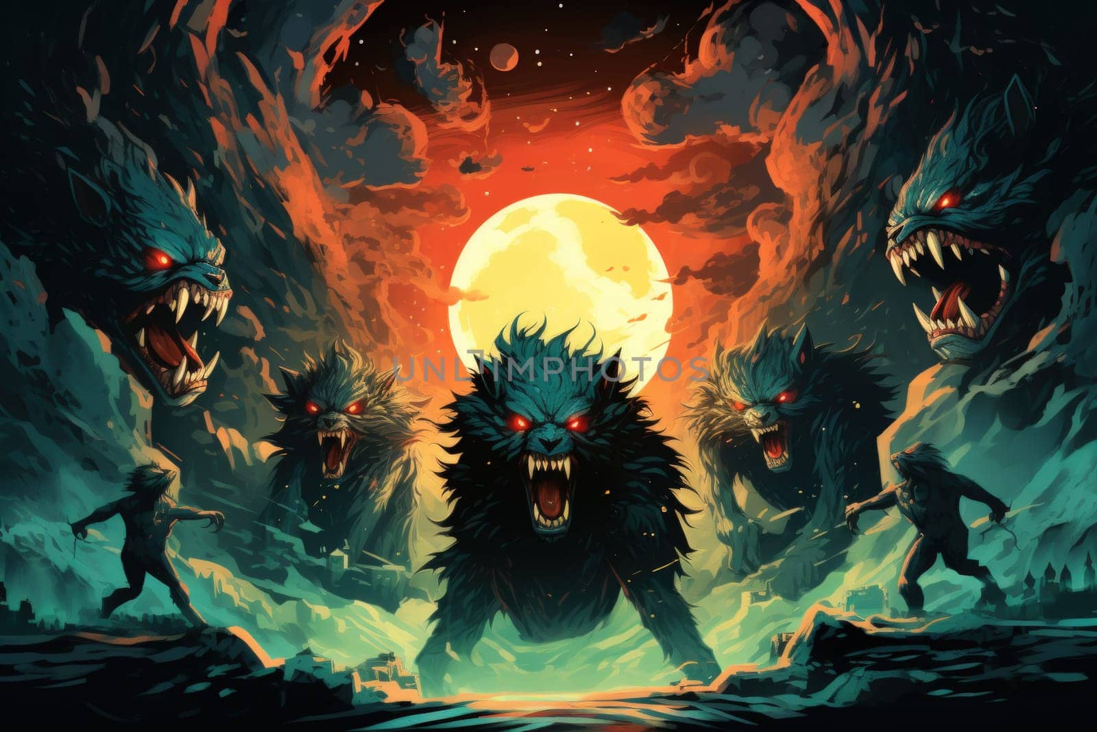Venture into a mystical realm where fierce werewolves, under the enchanting light of the full moon, undergo their awe-inspiring transformation.