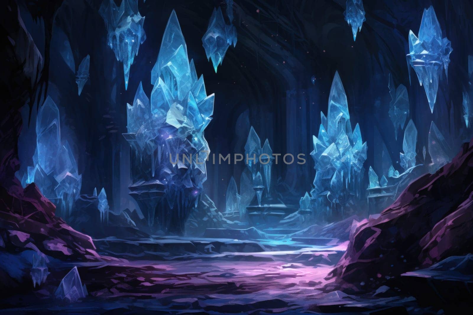 Deep within the realms of fantasy, mysterious icy caves hold untold treasures, guarded by glistening crystal golems.