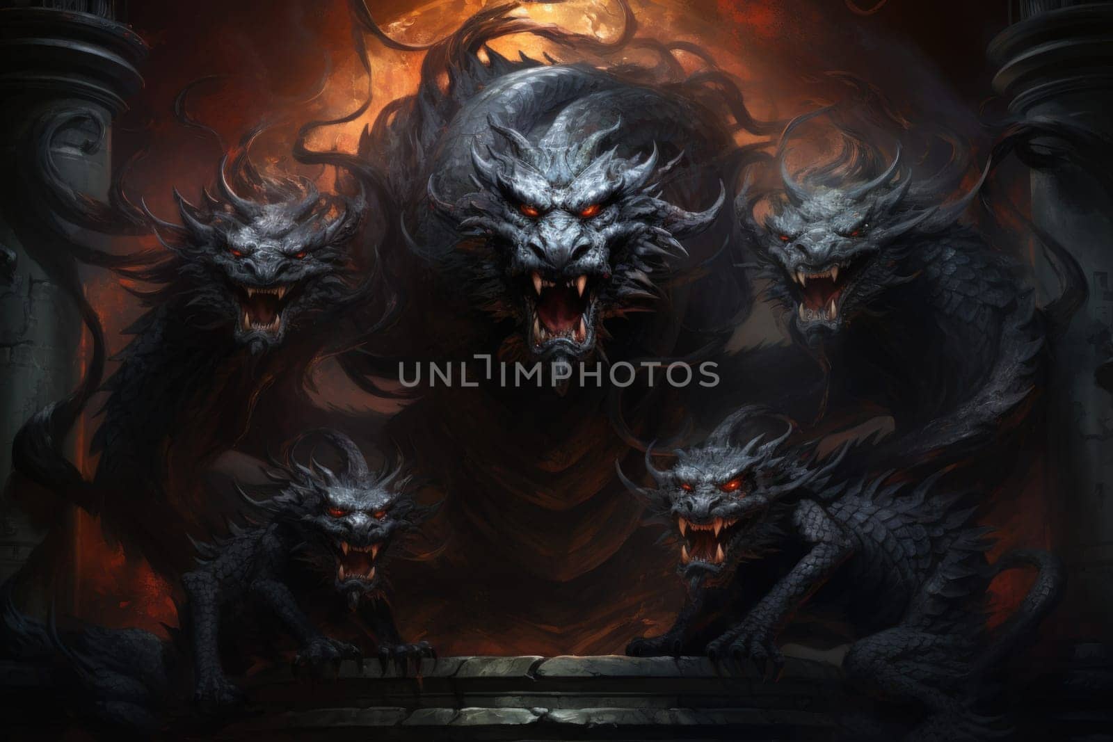 In the realm of fantasy, ferocious shadow dragons dominate the skies, their majestic forms wreathed in darkness.