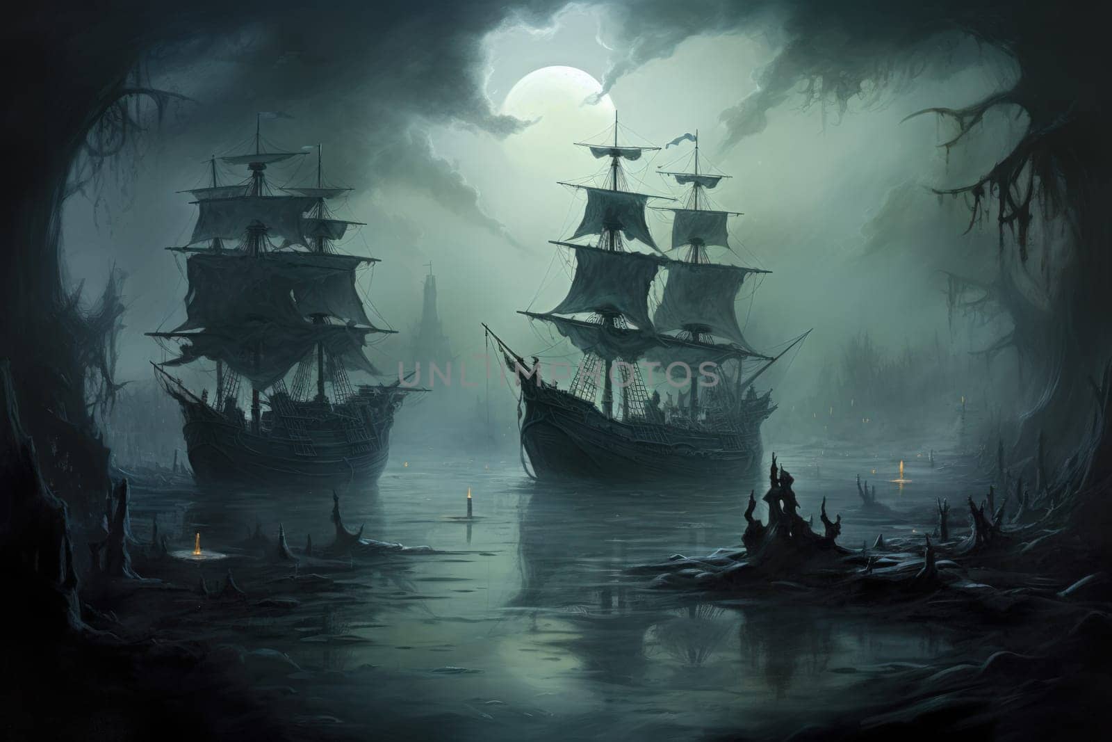 Embark on a haunting journey across the treacherous waters with this captivating illustration by a professional visual artist.