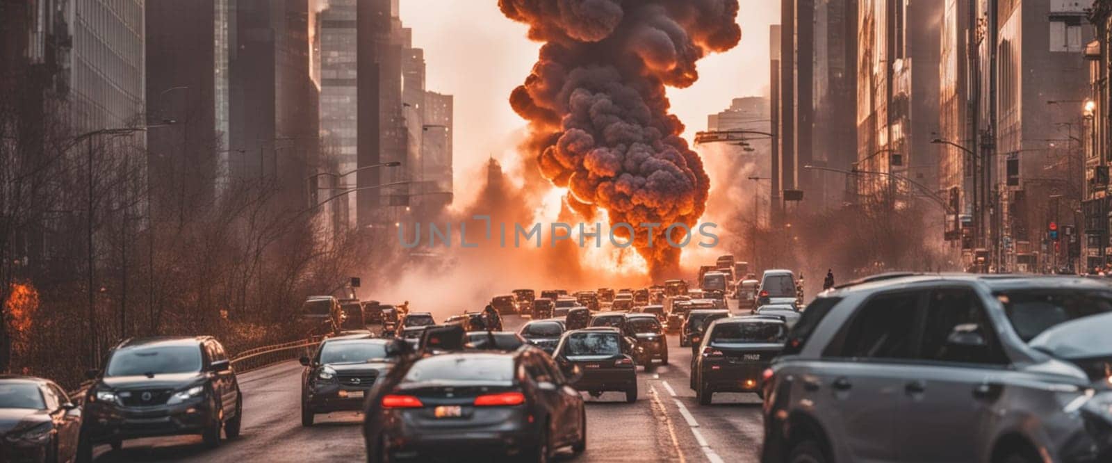 city under attack , explosion, fire, people running, traffic jam, apocalyptic illustration by verbano