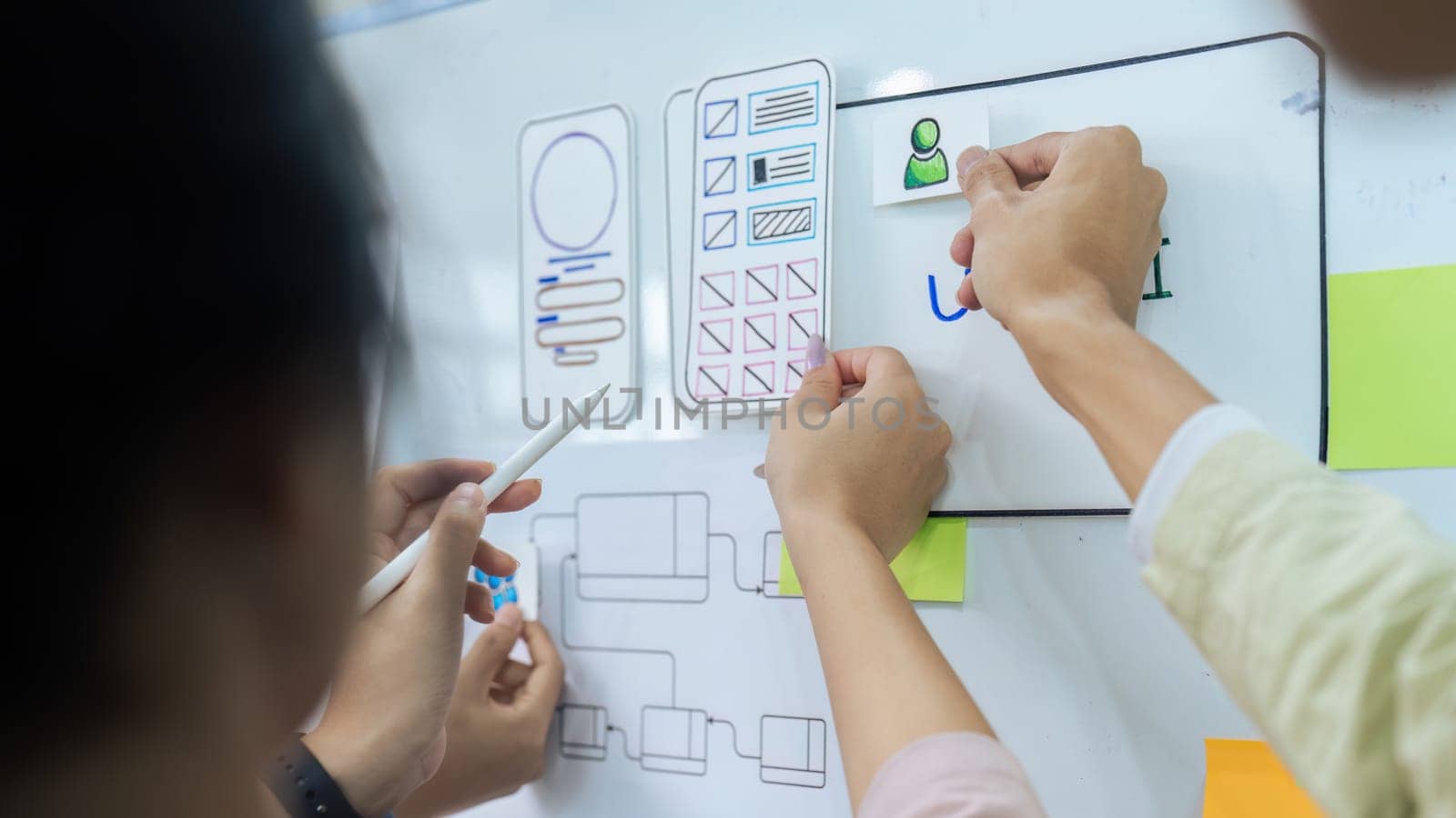 Team of ux developer and ui designer brainstorming interface wireframe design. Creative digital development agency.