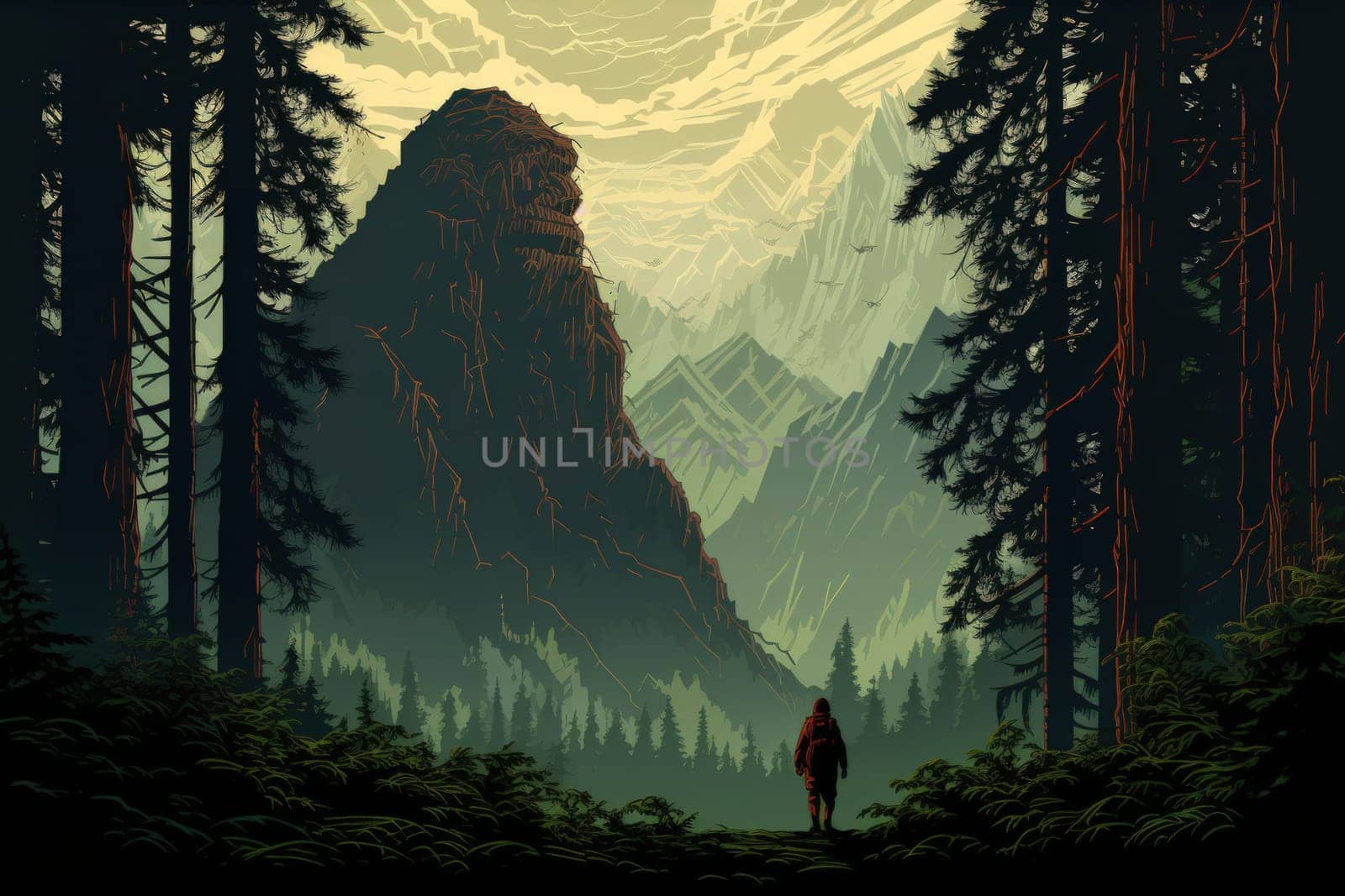 Embark on a fantastical journey where gargantuan giants, with their colossal stature, traverse the towering mountains with thunderous footsteps.