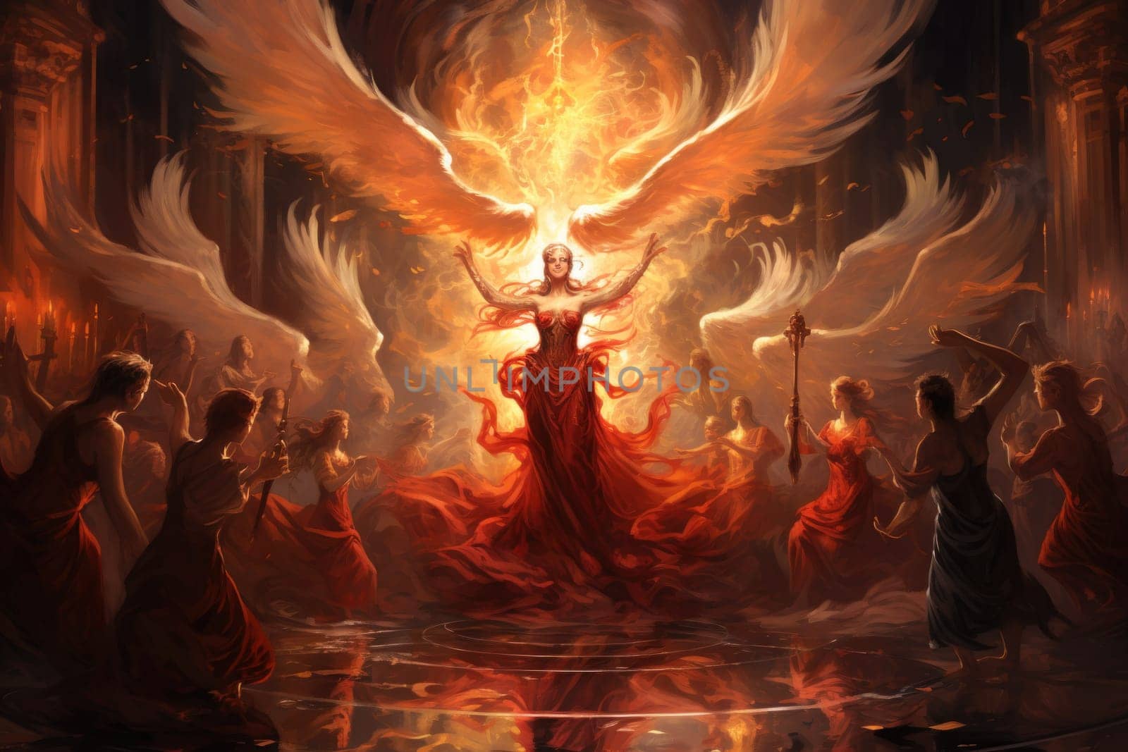 Within the realm of fantasy, elegant phoenix dancers grace the stage, their mesmerizing performances engulfed in flames.