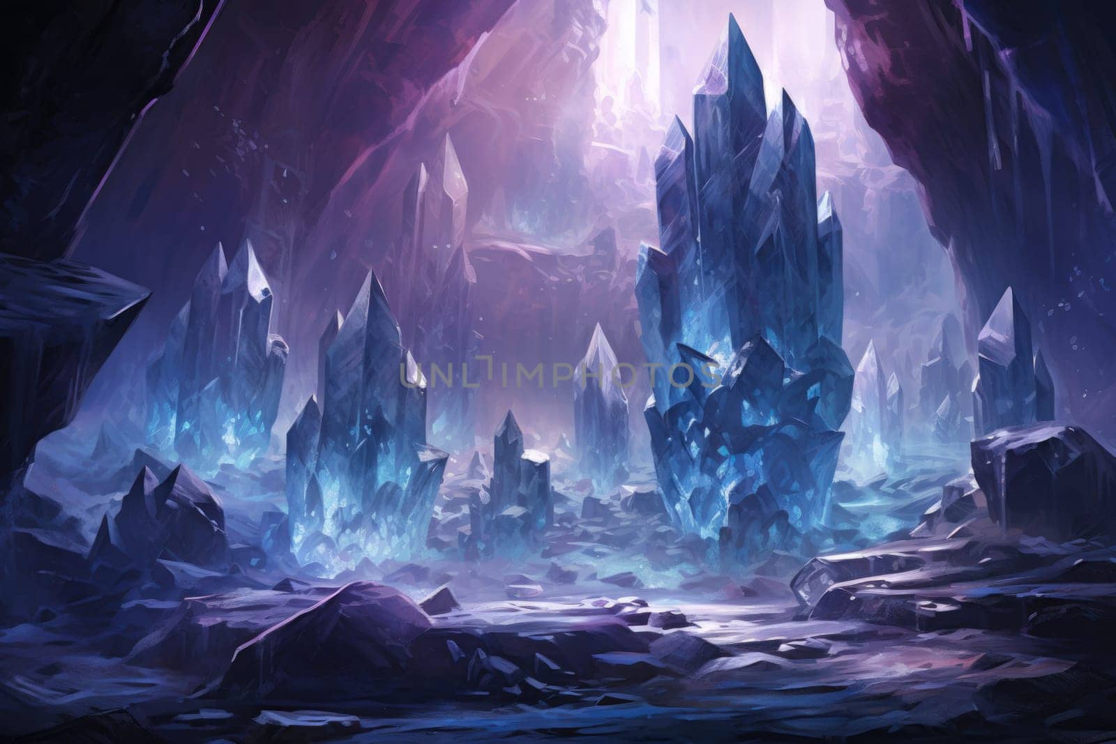 Deep within the realms of fantasy, mysterious icy caves hold untold treasures, guarded by glistening crystal golems.