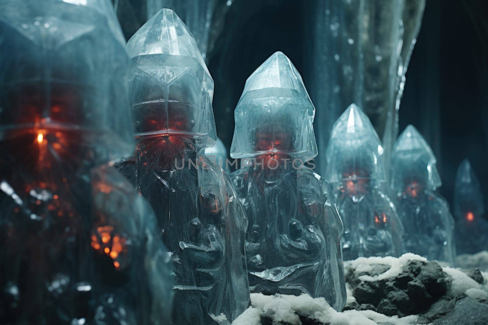 Deep within the realms of fantasy, mysterious icy caves hold untold treasures, guarded by glistening crystal golems.