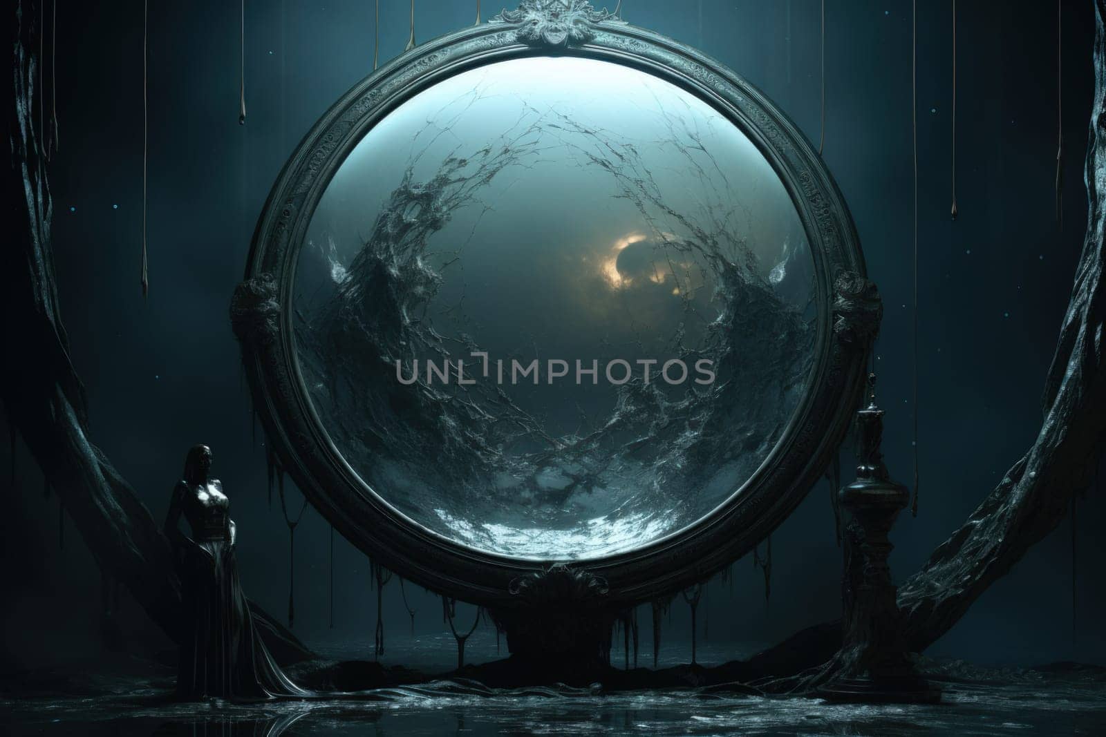 In the realm of fantasy, cursed mirror spirits are bound, their ethereal existence trapped within reflective surfaces.