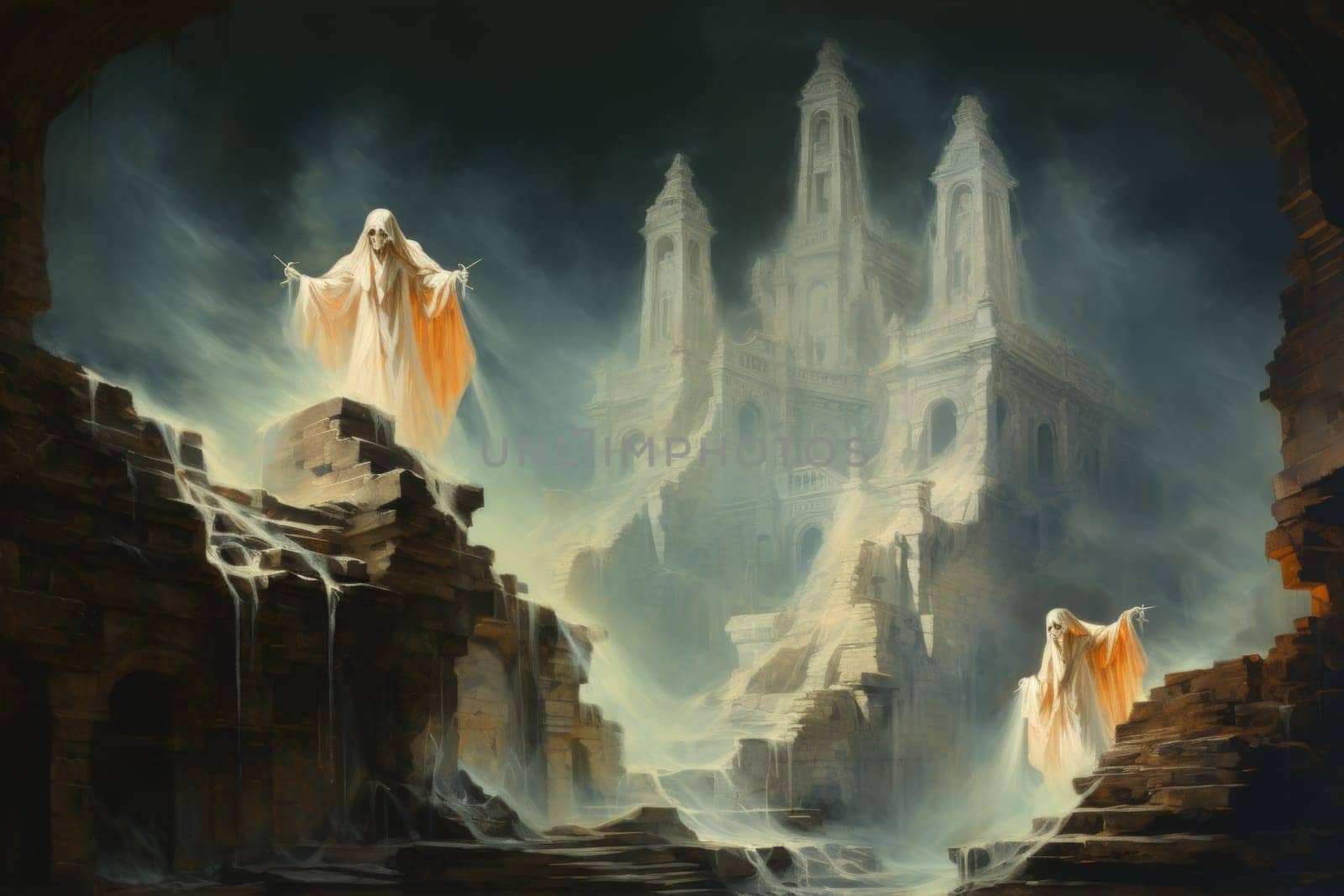 In the realm of fantasy, eerie and ethereal, ancient ruins and crumbling castles are shrouded in an unsettling atmosphere, haunted by ghostly apparitions.