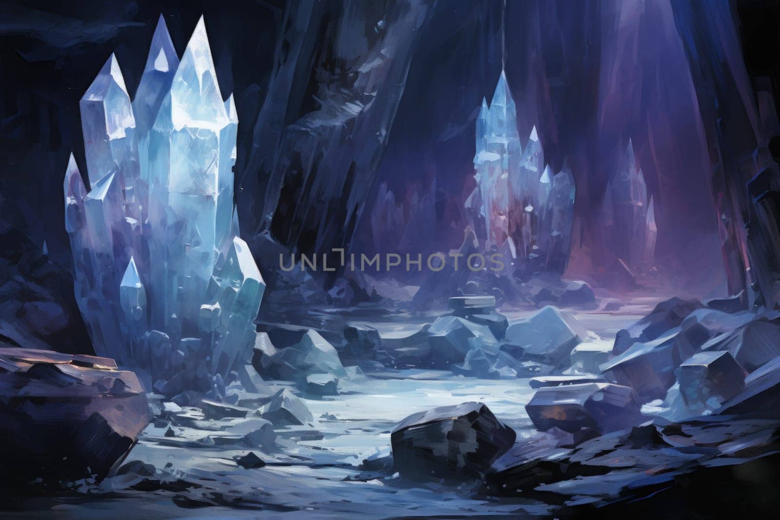 Deep within the realms of fantasy, mysterious icy caves hold untold treasures, guarded by glistening crystal golems.