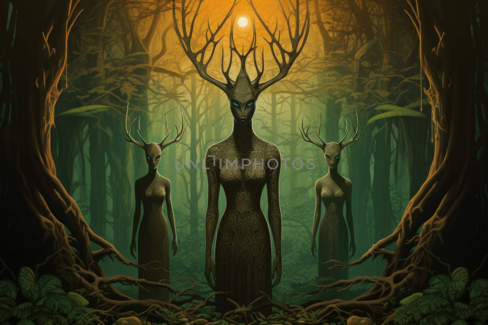 Deep within the mystical woodland realms of fantasy, ancient forest spirits stand as silent sentinels, their ethereal presence a testament to the wisdom and magic of the natural world.