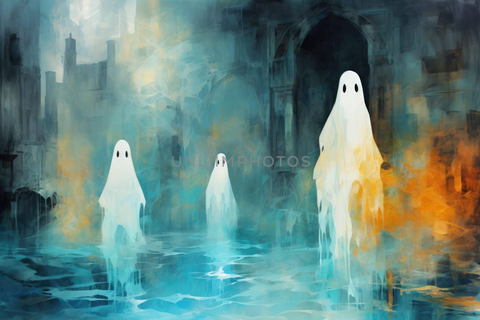 In the realm of fantasy, eerie and ethereal, ancient ruins and crumbling castles are shrouded in an unsettling atmosphere, haunted by ghostly apparitions.