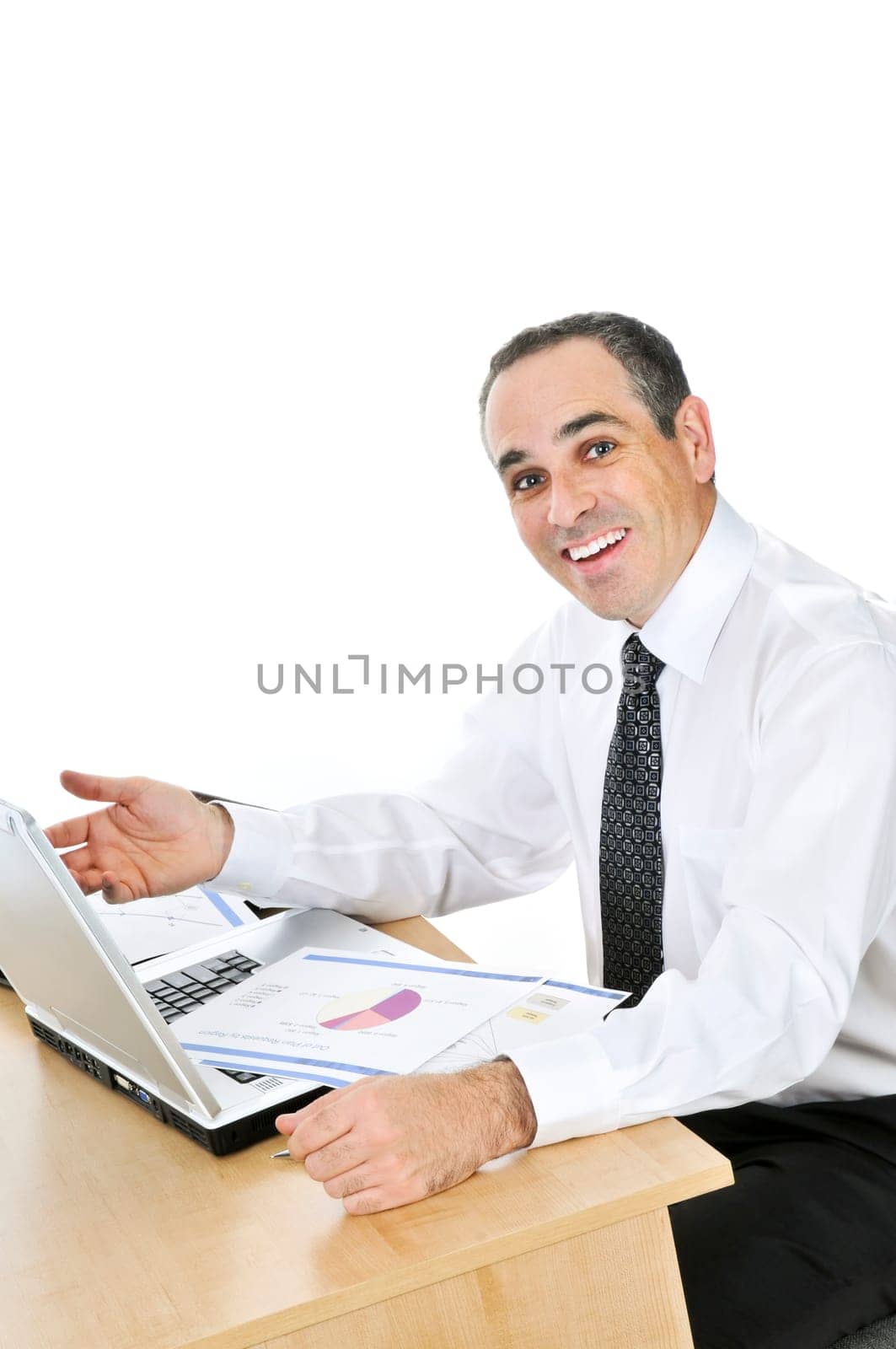 Businessman at his desk on white background