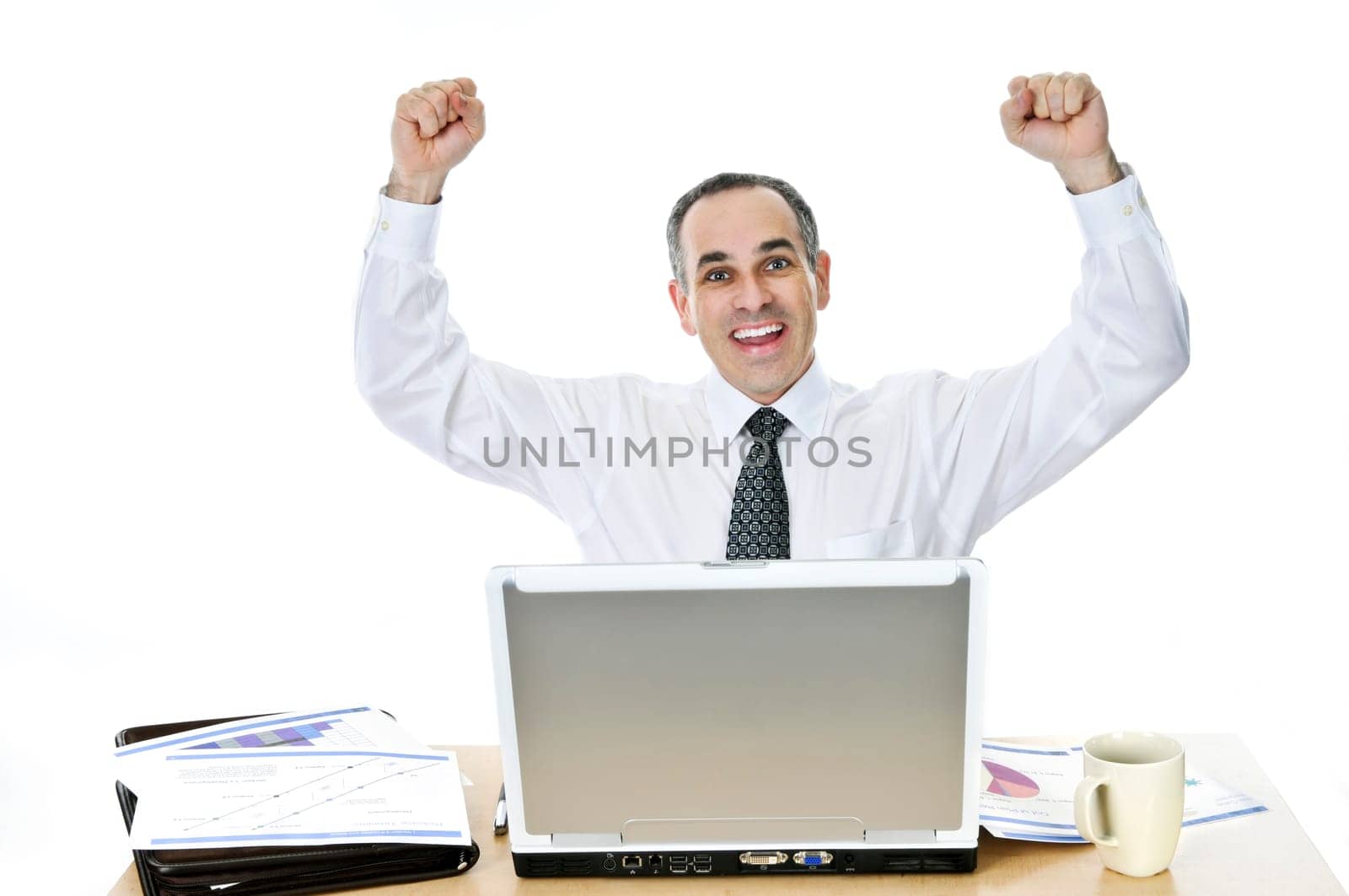 Businessman at his desk on white background