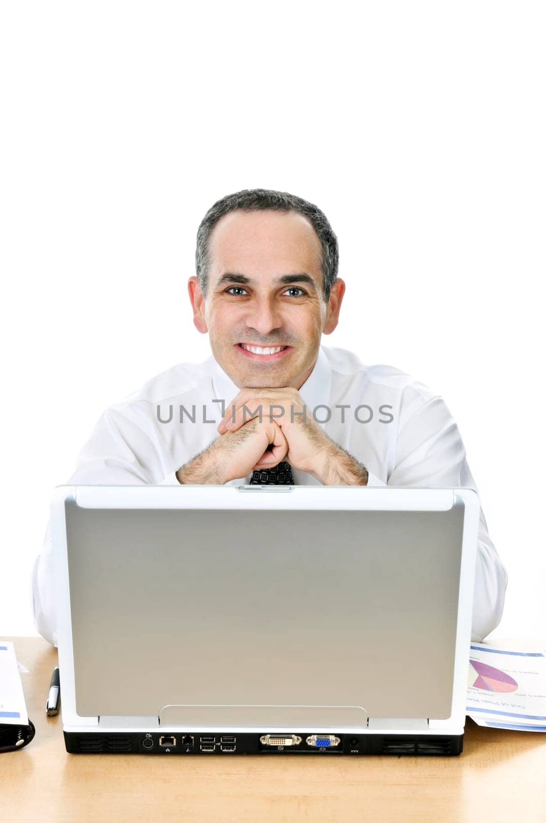 Businessman at his desk on white background