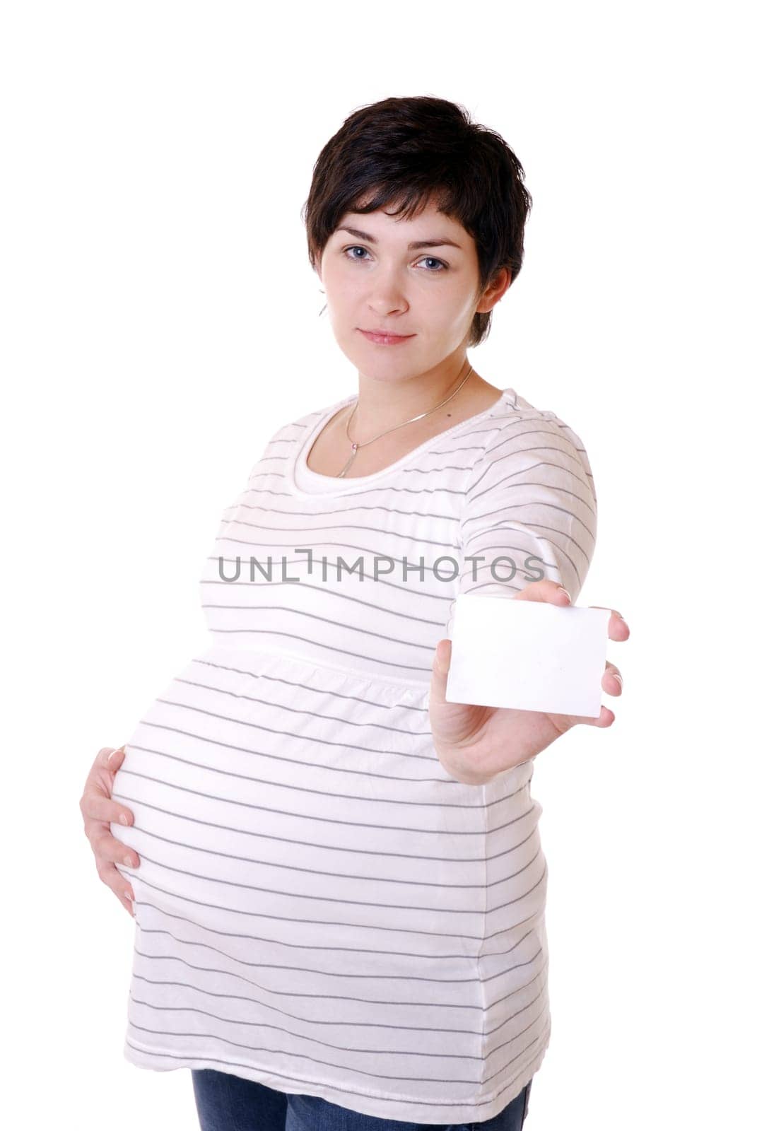 Pregnant woman with business card