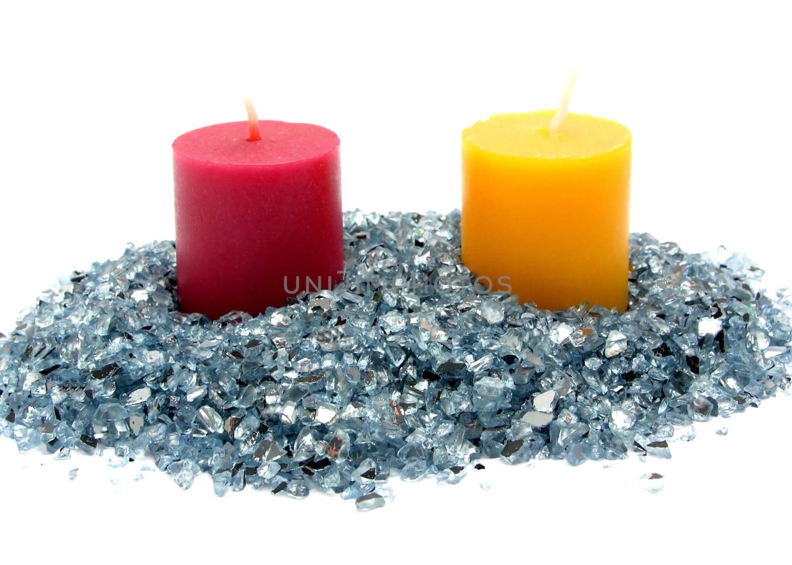 Red and yellow candles on blue rhinestones