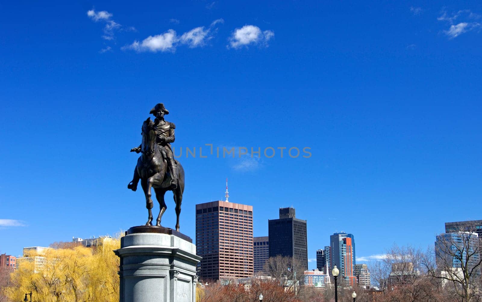 George Washington in Boston City Park in front of the skyline of the financial center,Bosto