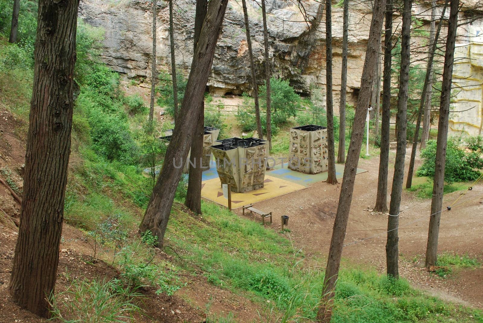 View to climbing walls on a park