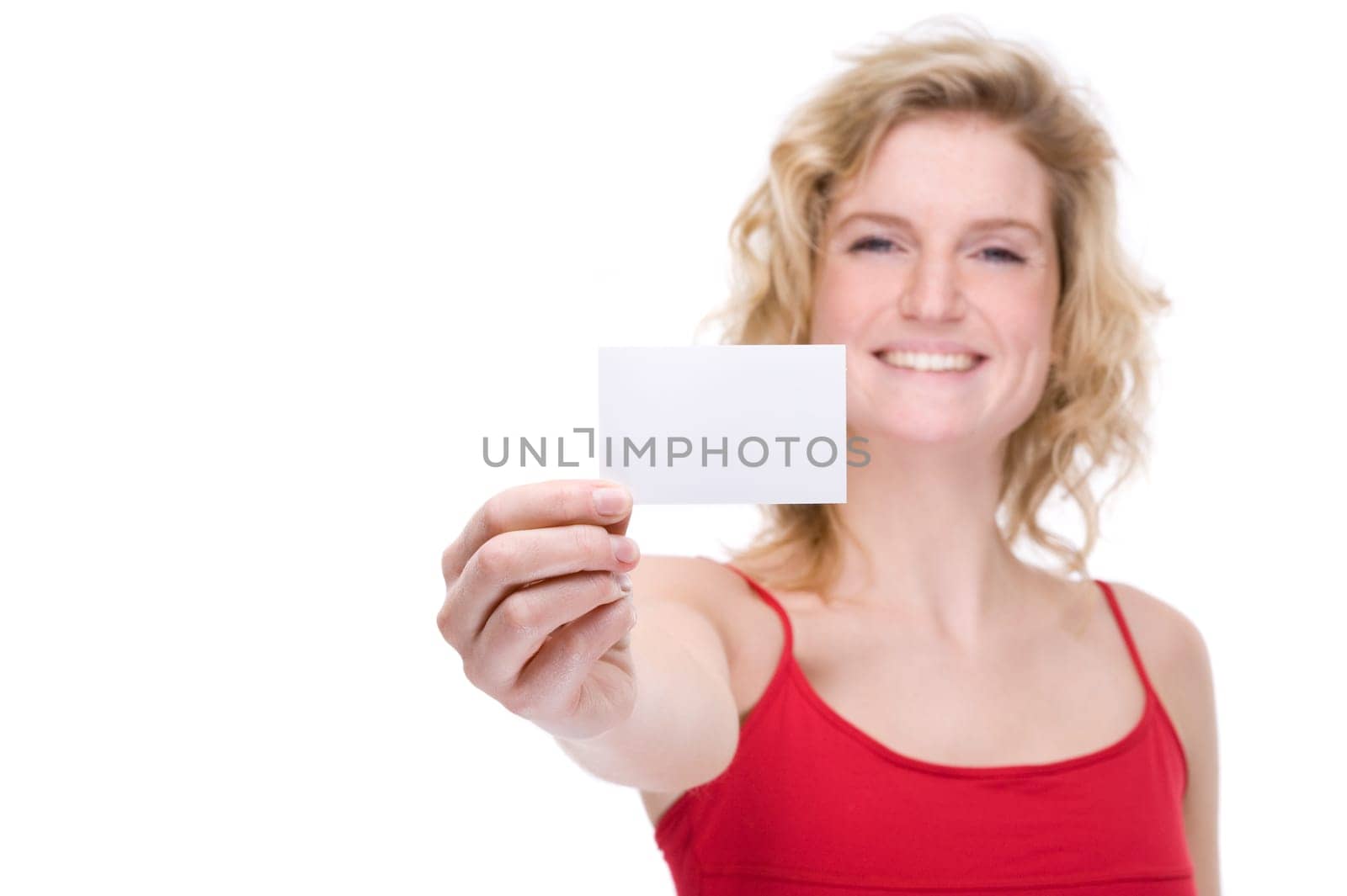 Woman with blank business card