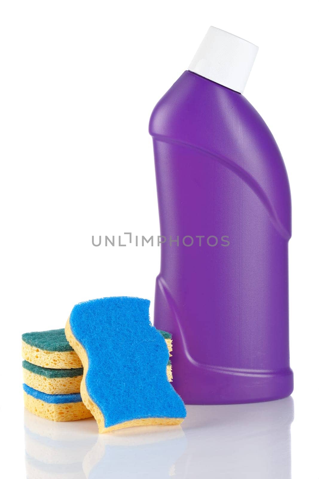 Plastic detergent bottle and sponges