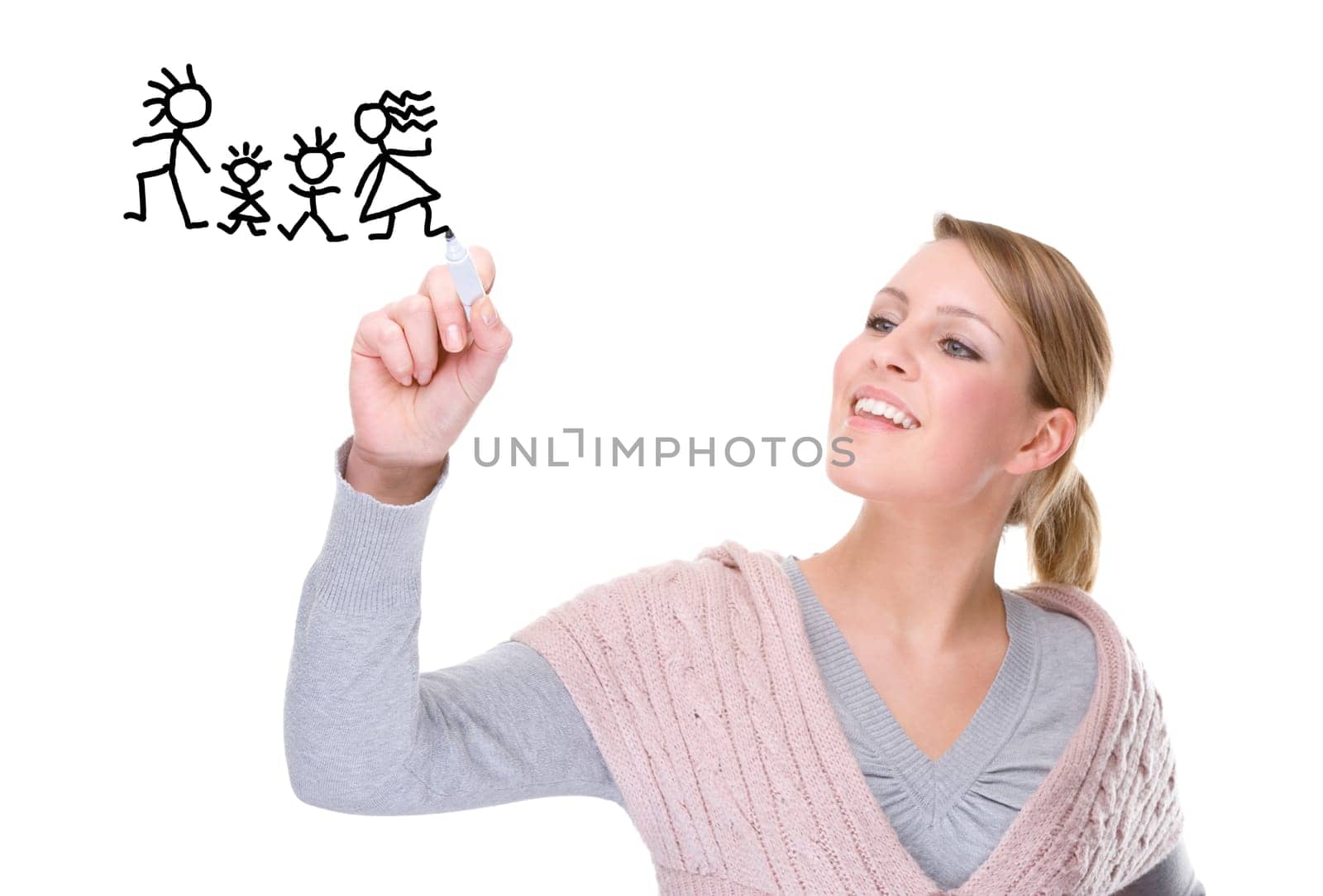 Young woman paints stick figure picture