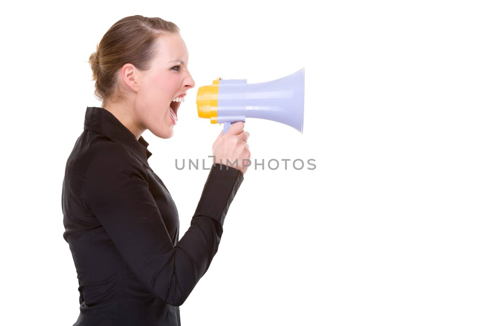Woman screaming into a megaphone