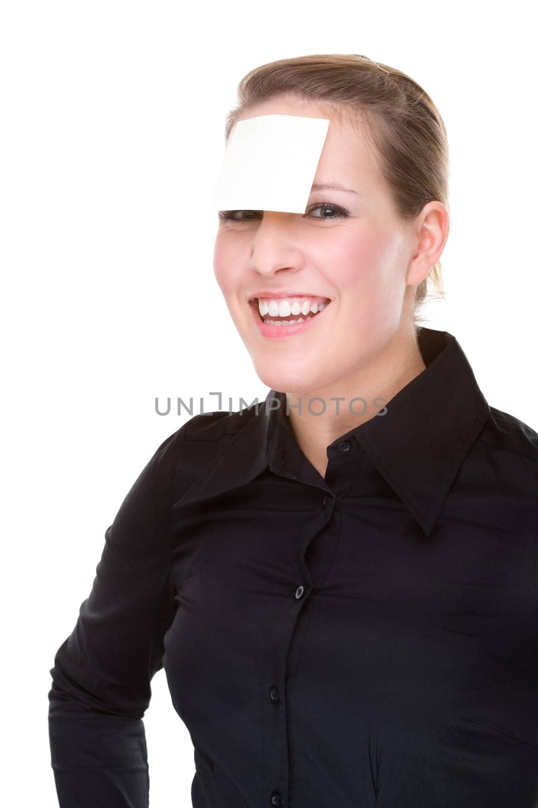 Businesswoman with note on forehead