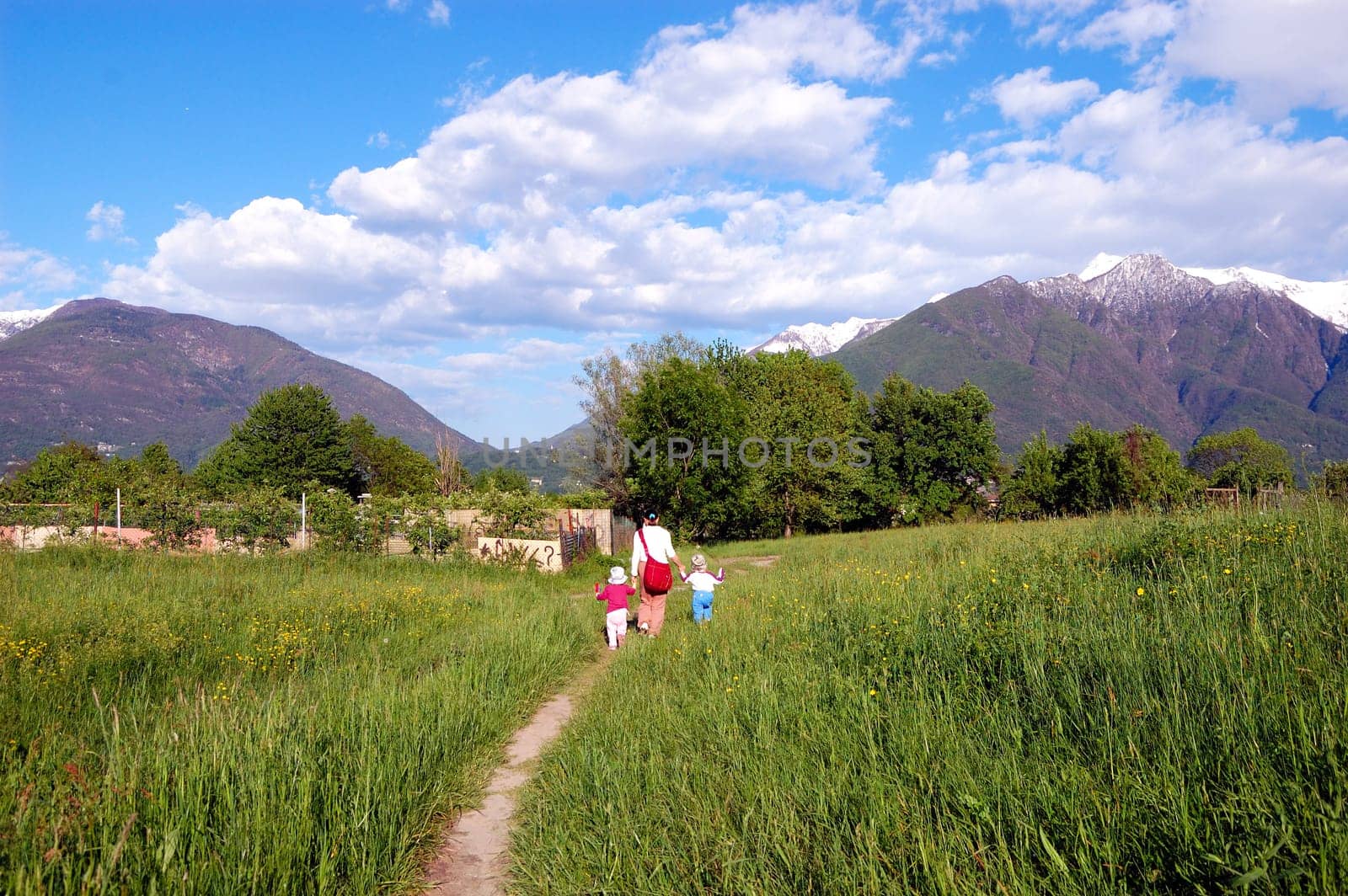 Family Walking in spring field
