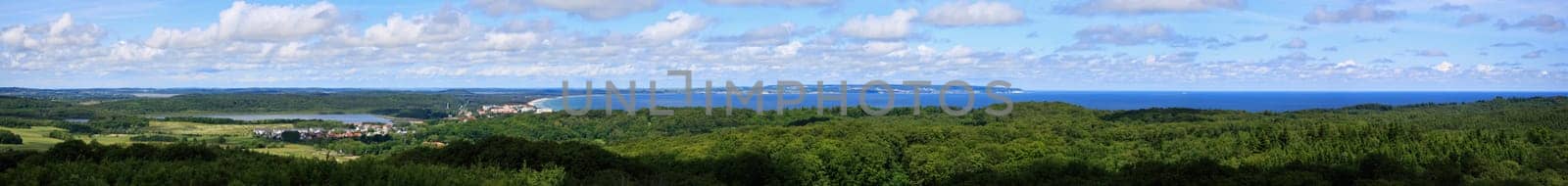 Island of Rügen,view to the north of Binz,the colossus of Prora,the ferry port in Neu Mukran,Sassnitz and the chalk coast. To the left of Binz is the Schmachter See,in the foreground the dense forest of Lancken-Granitz. Panorama was composed of 13 horizontal shapes