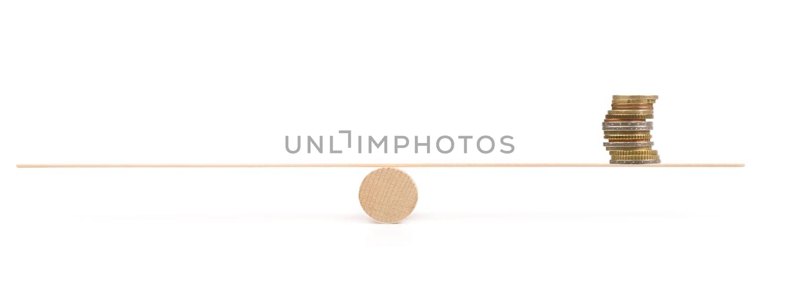 scale with coins on white background