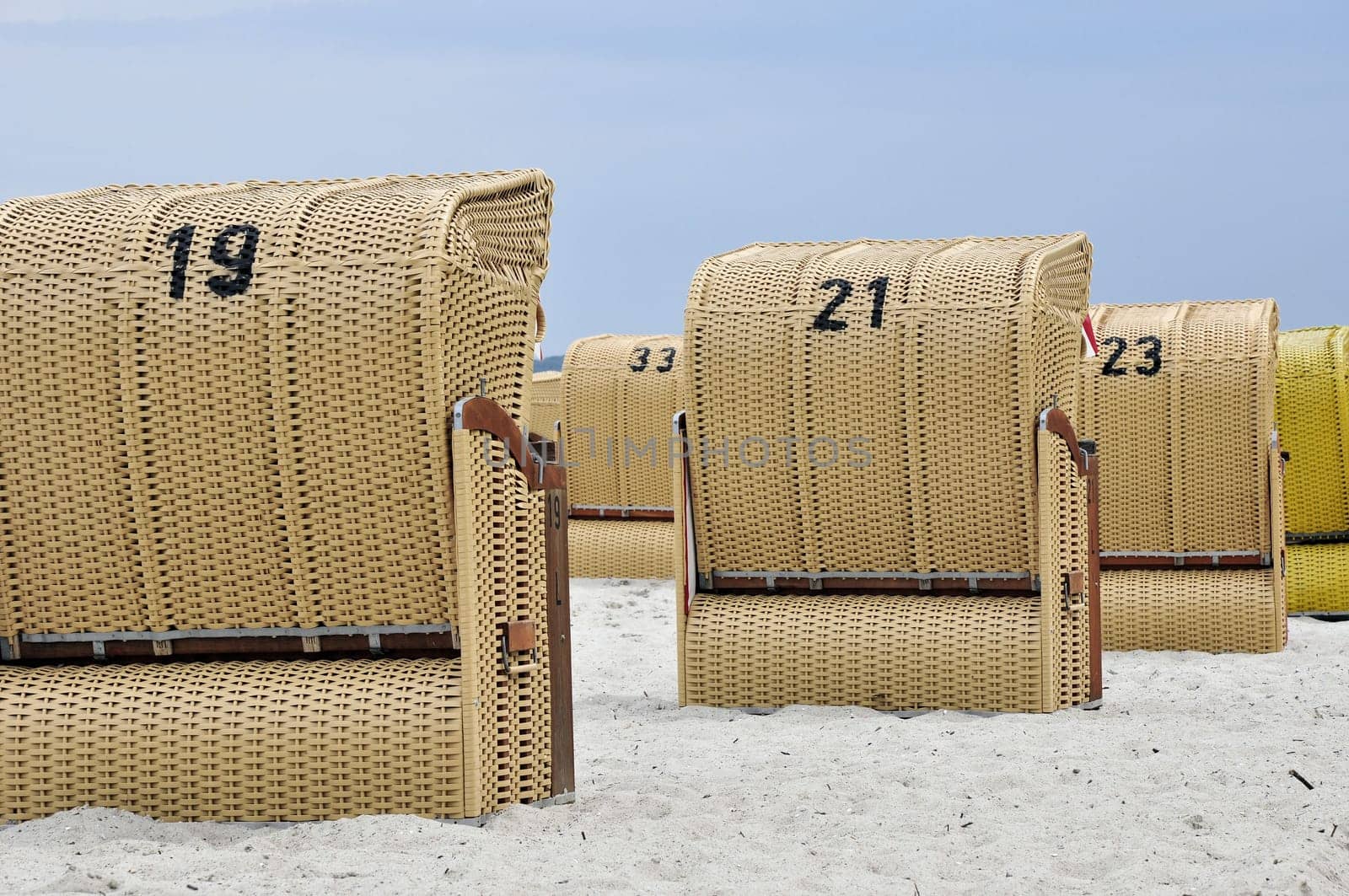 Some beach chairs seen from behind