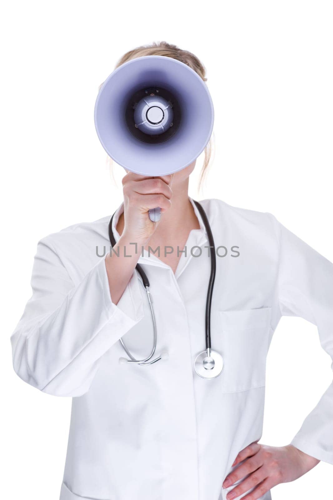 Young female doctor with megaphone