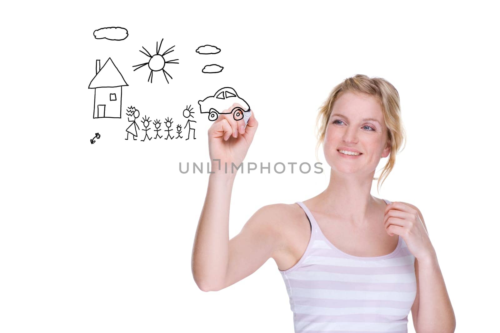Young woman paints stick figure picture