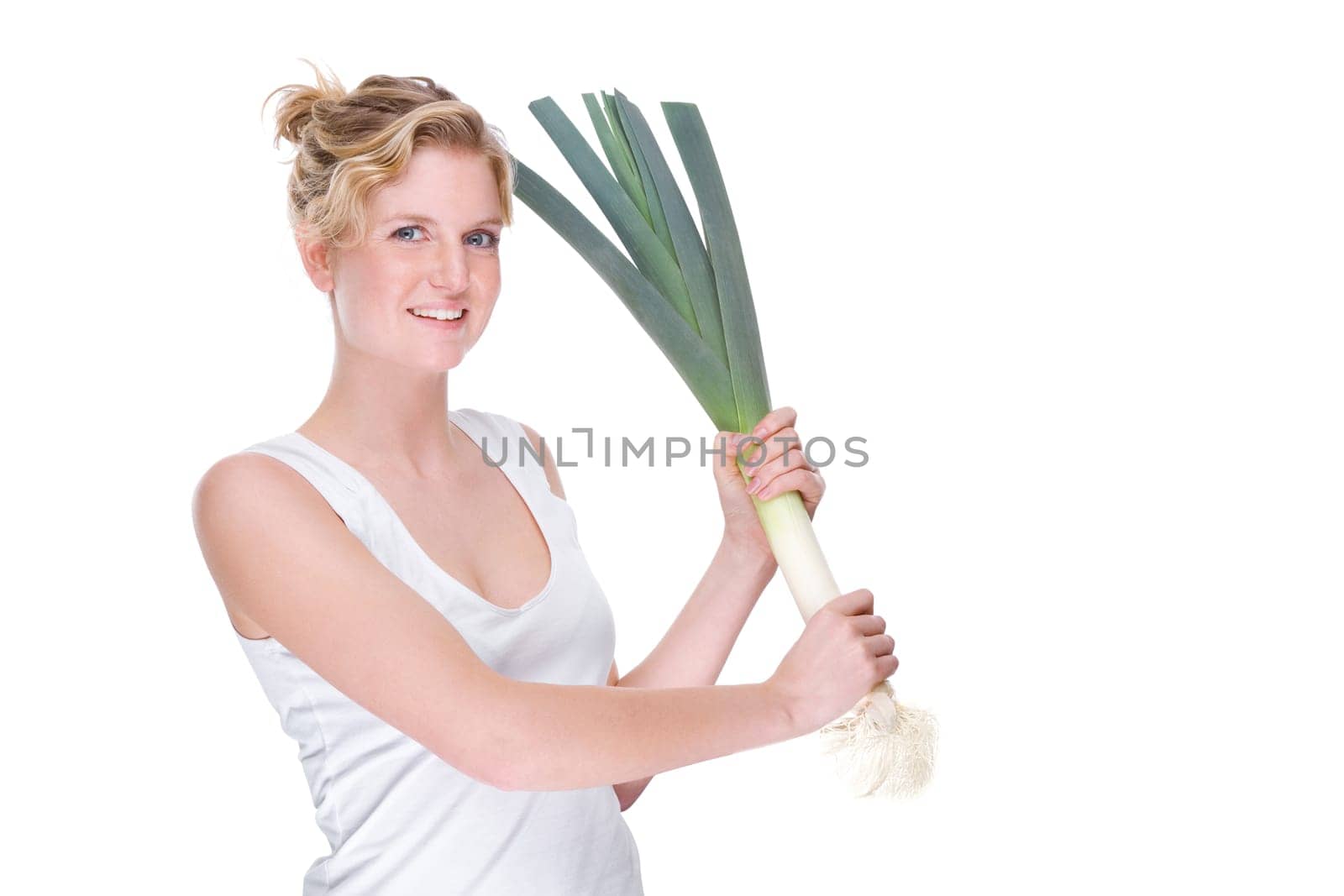 Young woman with leek stalk