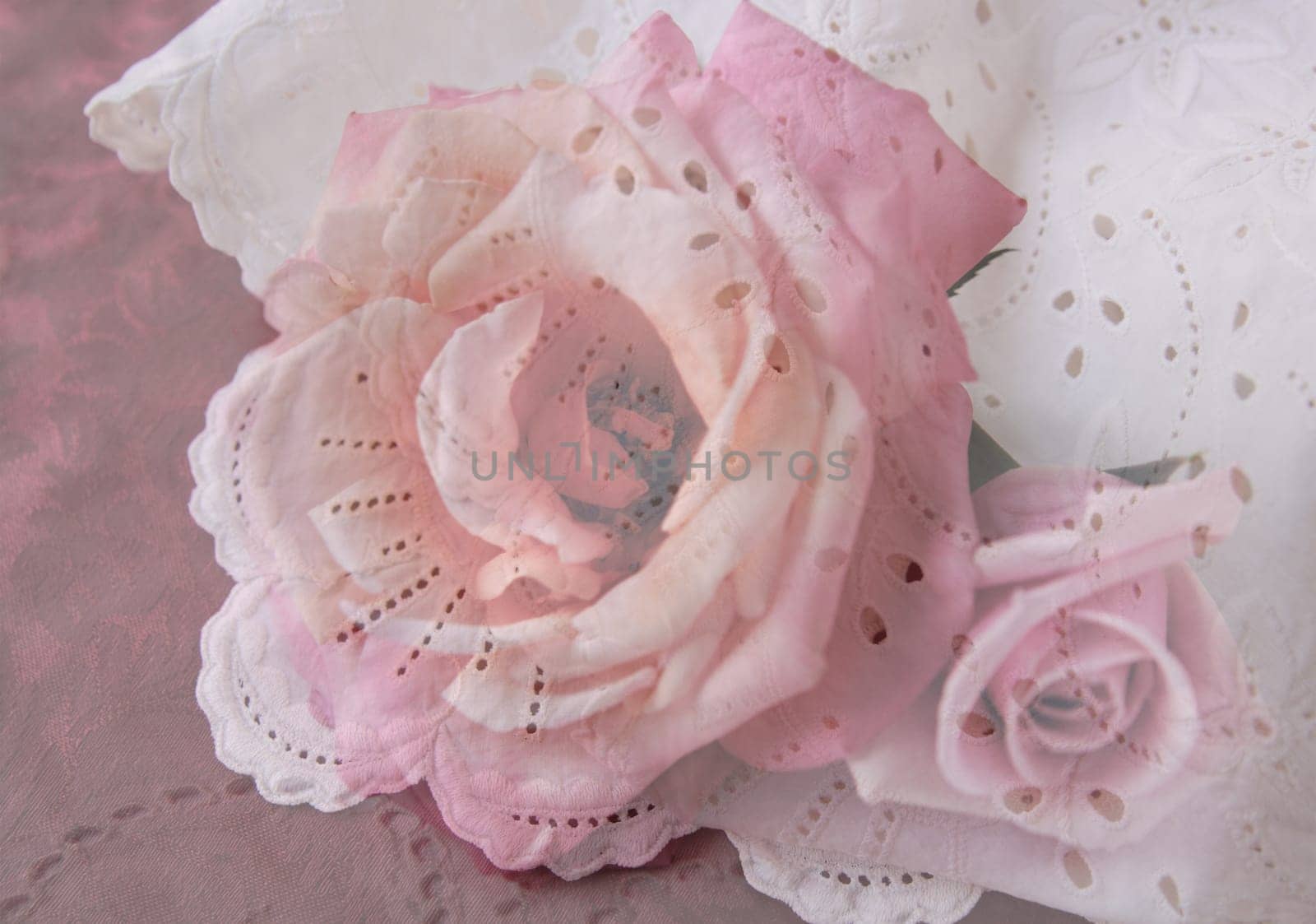 pink roses overlaid with eyelet fabric
