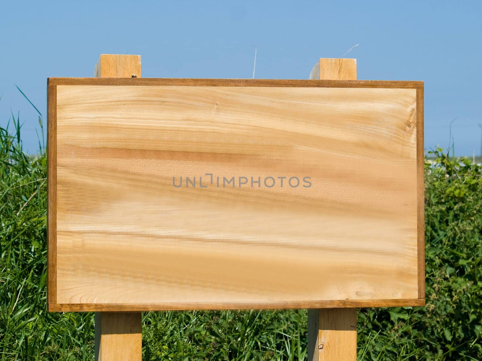 Brown wooden blank sign infront of a green hedge and blue sky