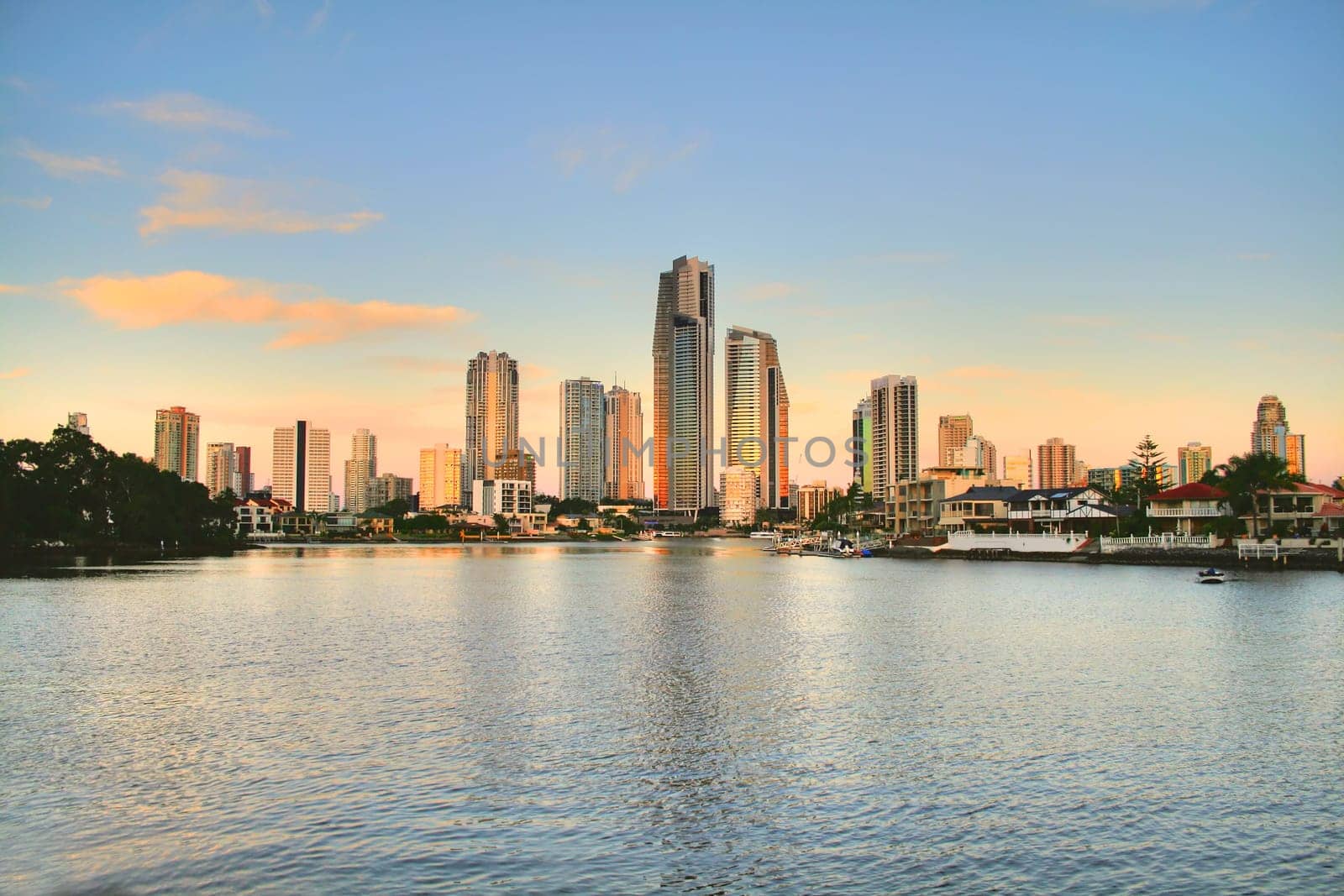 View of Surfers Paradise skyline from the Council Chambers at Bundall in the pink light before sunset.