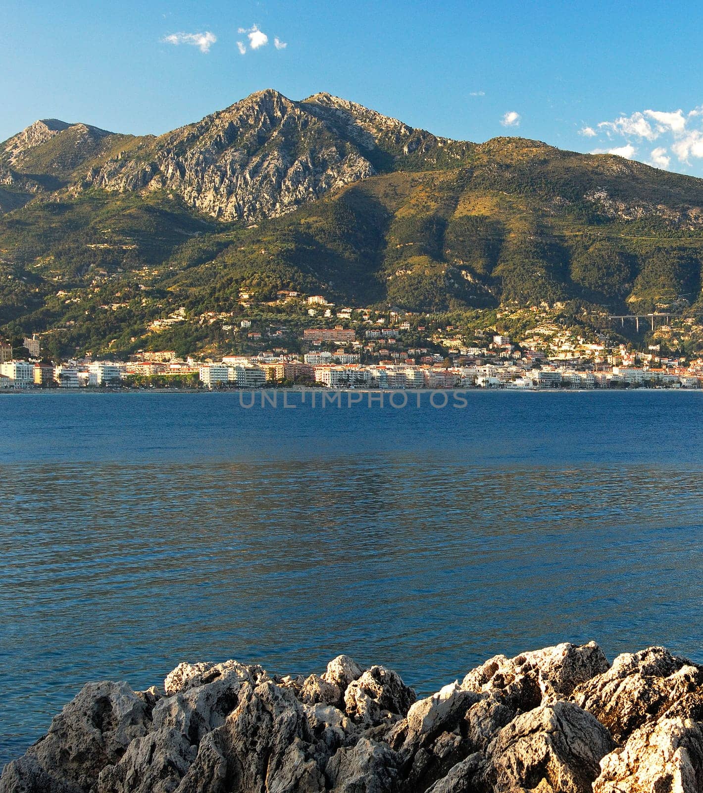 Mediterranean coast at Menton with Maritime Alps ,Menton,France