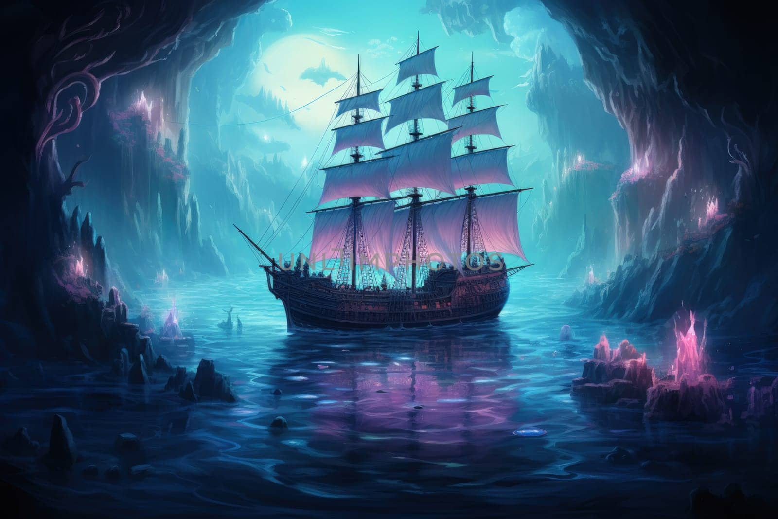 Embark on a haunting journey across the treacherous waters with this captivating illustration by a professional visual artist.