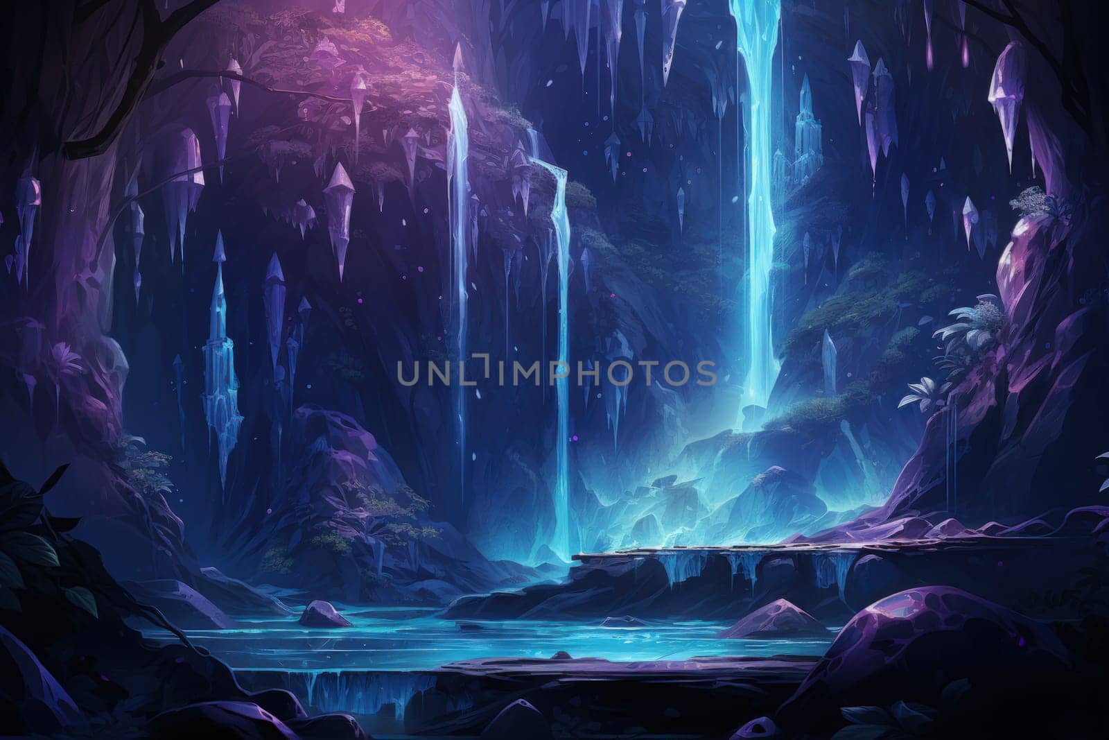 Enter a realm of enchantment where fantasy comes to life. Behold the mesmerizing sight of harmonious waterfalls adorned with radiant crystals.