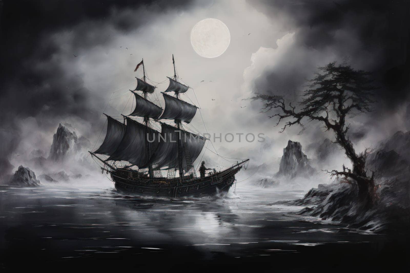Embark on a haunting journey across the treacherous waters with this captivating illustration by a professional visual artist.