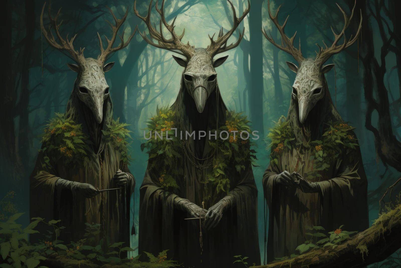 Deep within the mystical woodland realms of fantasy, ancient forest spirits stand as silent sentinels, their ethereal presence a testament to the wisdom and magic of the natural world.