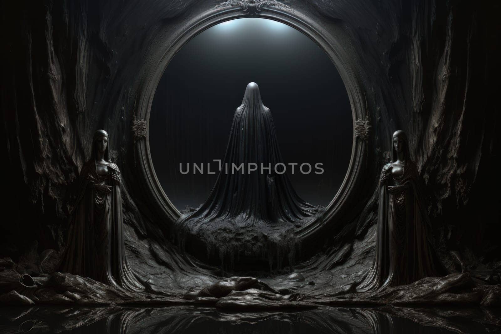 In the realm of fantasy, cursed mirror spirits are bound, their ethereal existence trapped within reflective surfaces.