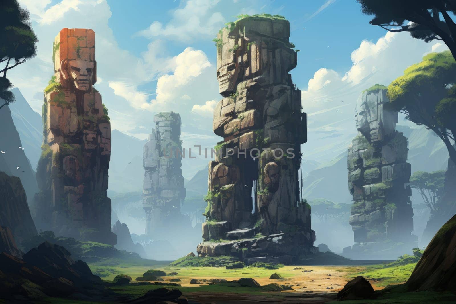 Behold the majestic marvels of the past - ancient stone colossi, towering giants hewn from the very bedrock itself.