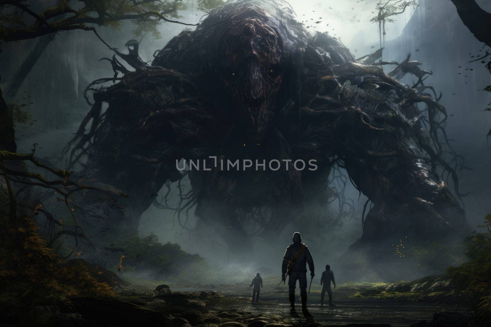 Embark on a fantastical journey where gargantuan giants, with their colossal stature, traverse the towering mountains with thunderous footsteps.