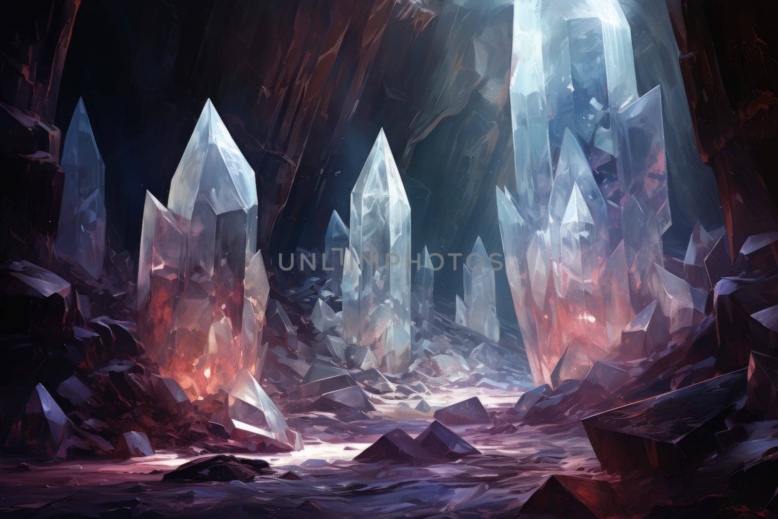 Deep within the realms of fantasy, mysterious icy caves hold untold treasures, guarded by glistening crystal golems.