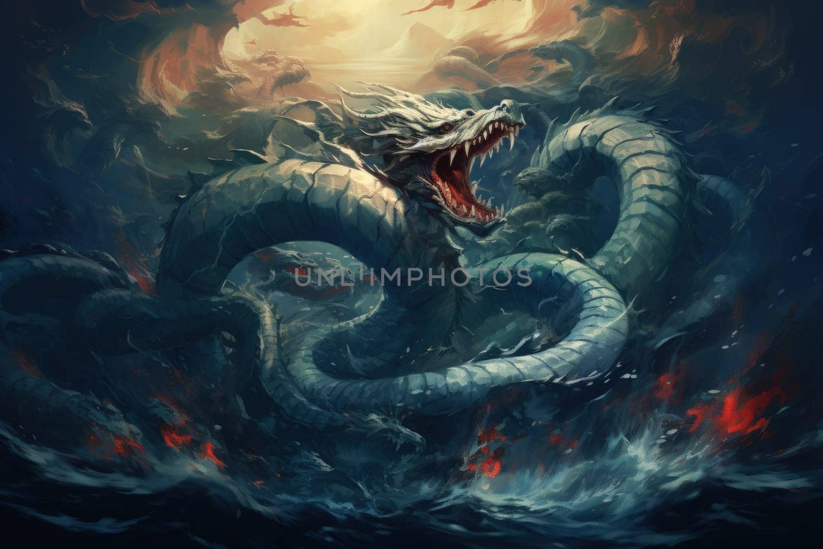 Dive into a fantastical realm where gigantic sea serpents, with their immense coils, slither through treacherous waters.