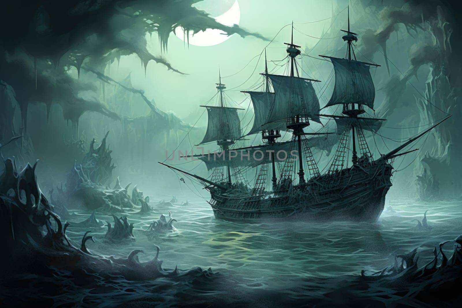 Embark on a haunting journey across the treacherous waters with this captivating illustration by a professional visual artist.