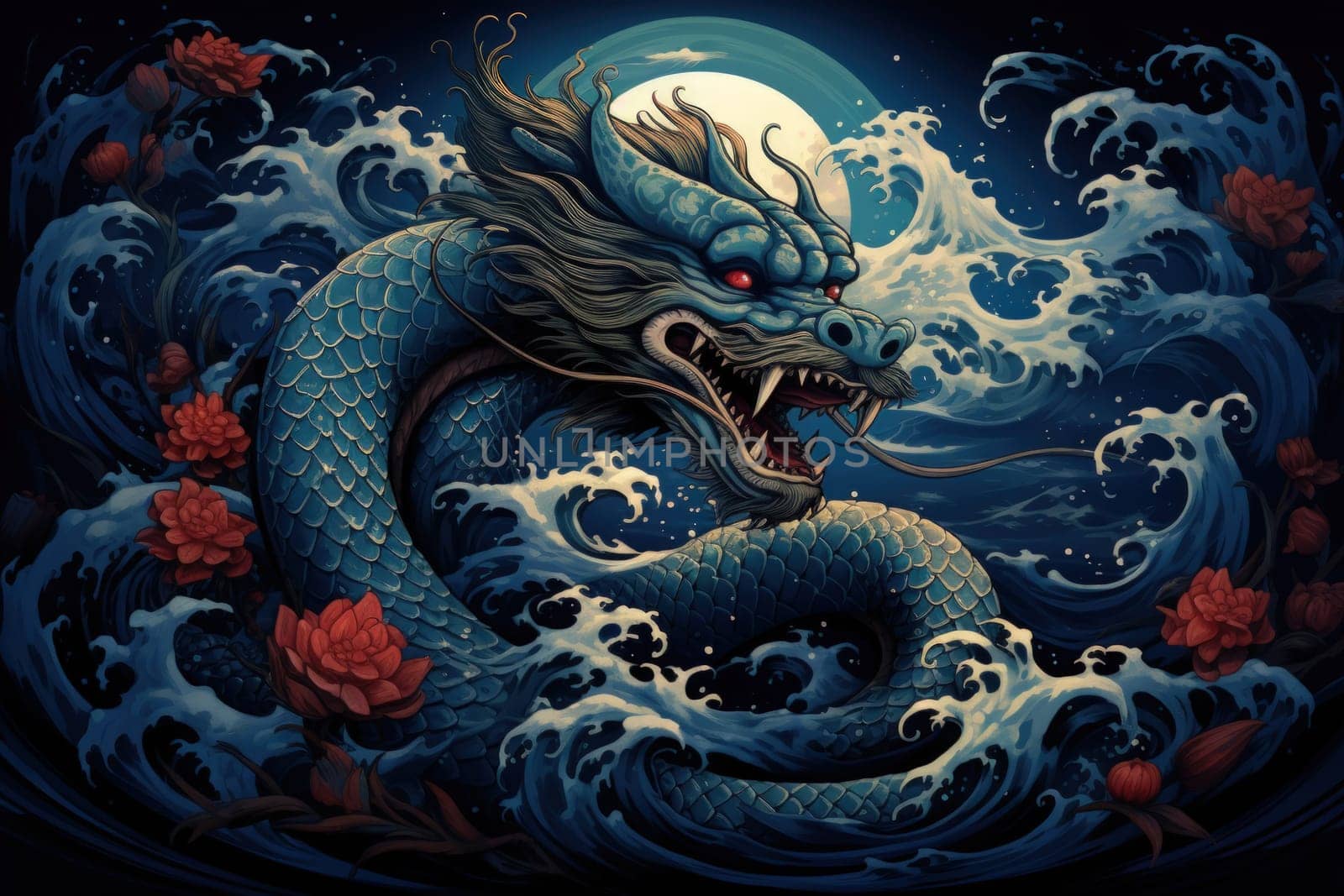 Dive into a fantastical realm where gigantic sea serpents, with their immense coils, slither through treacherous waters.