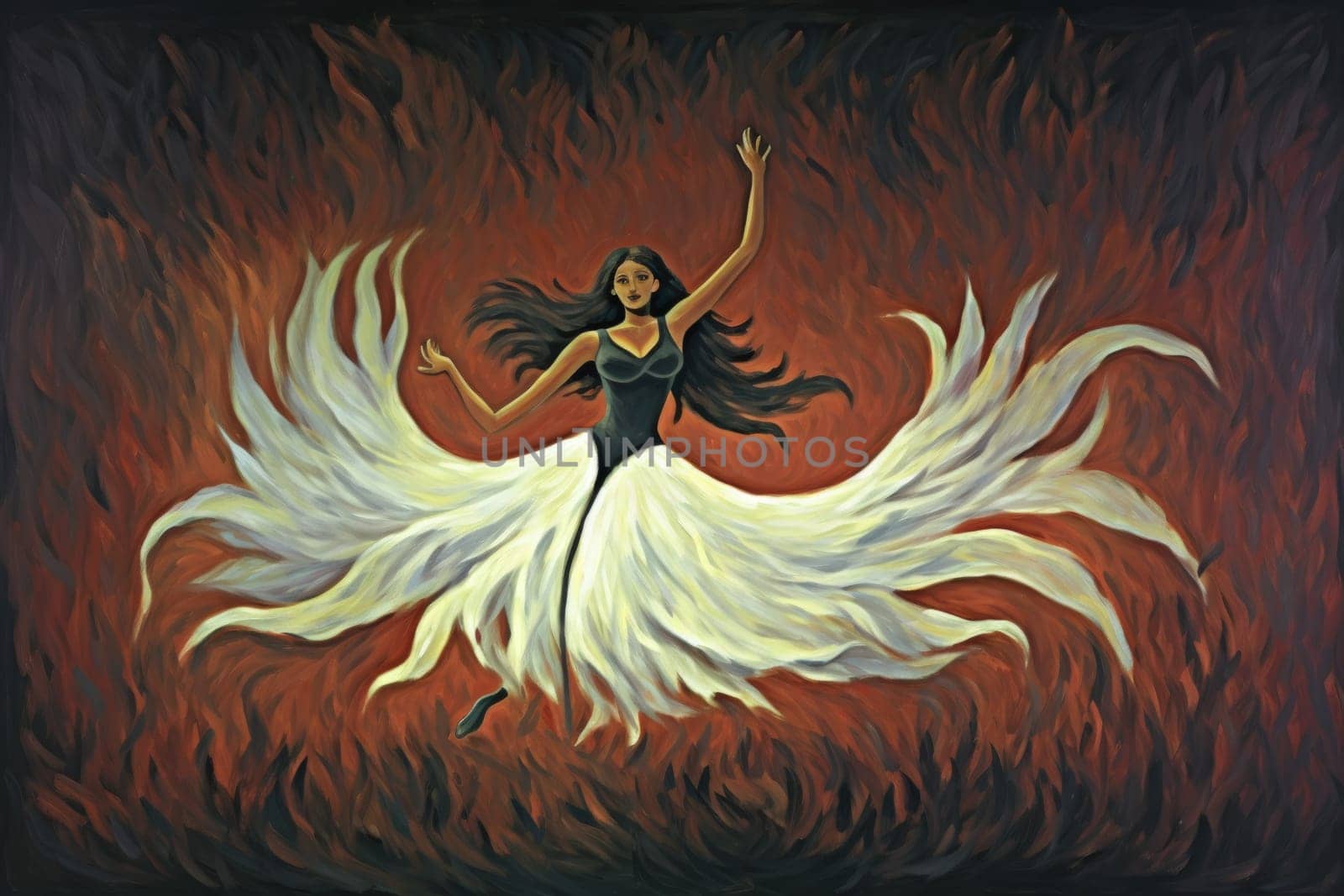 Within the realm of fantasy, elegant phoenix dancers grace the stage, their mesmerizing performances engulfed in flames.